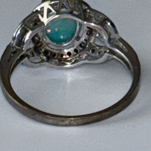 KJC 925 silver opal ring oval w/black spinel Sz 9 halo setting - Picture 6 of 9